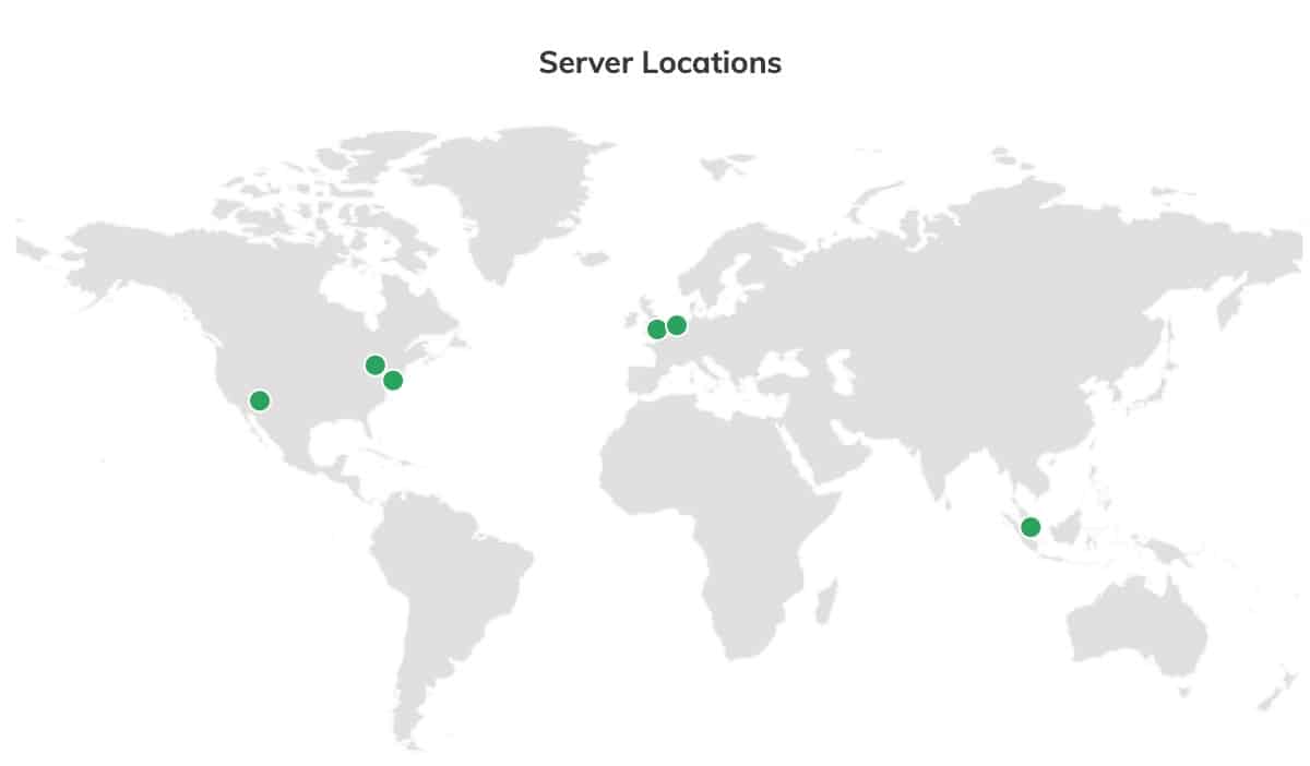 Global map of server locations London Amsterdam, New York, Toronto, San Fransisco, Singapore